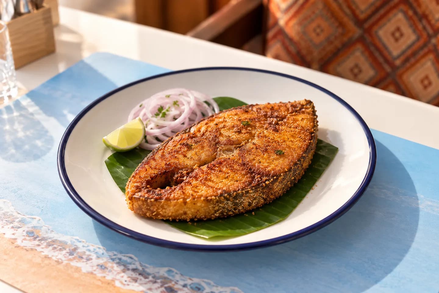 Golden surmai rava fry with lime, served on a banana leaf at a Sea Swad table.