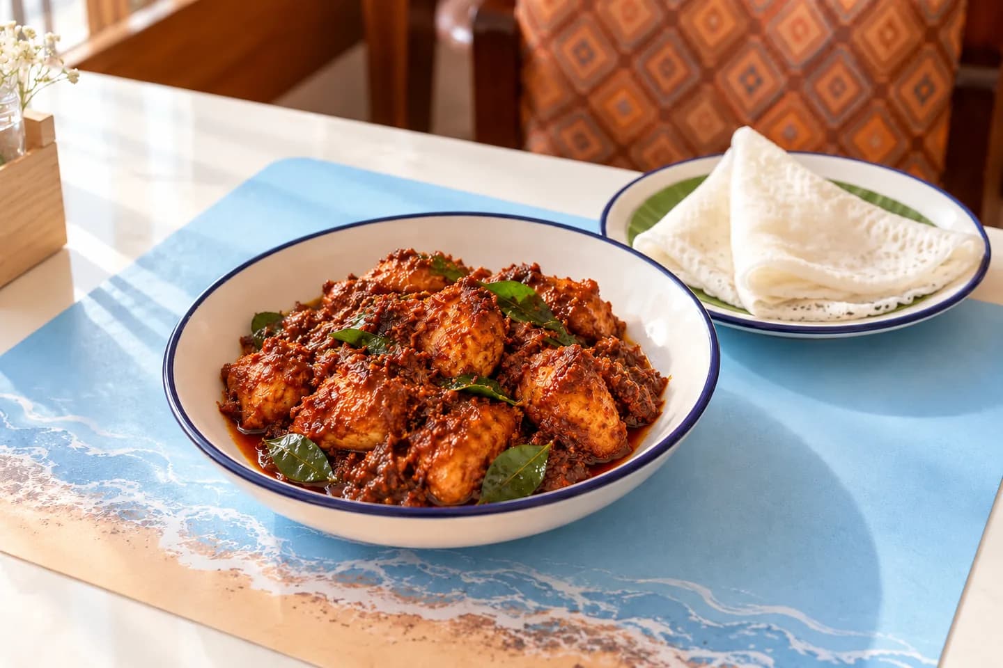 Chicken ghee roast with curry leaves and neer dosa, in natural window light at Sea Swad.