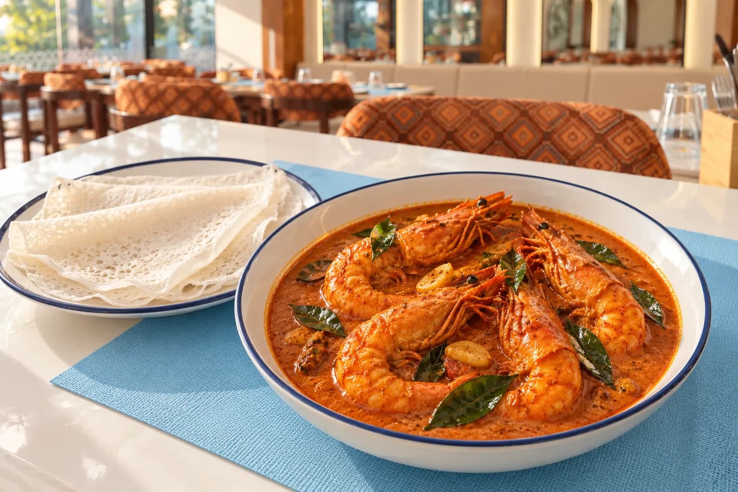King prawns in Mangalorean coconut curry, in natural daylight at Sea Swad.