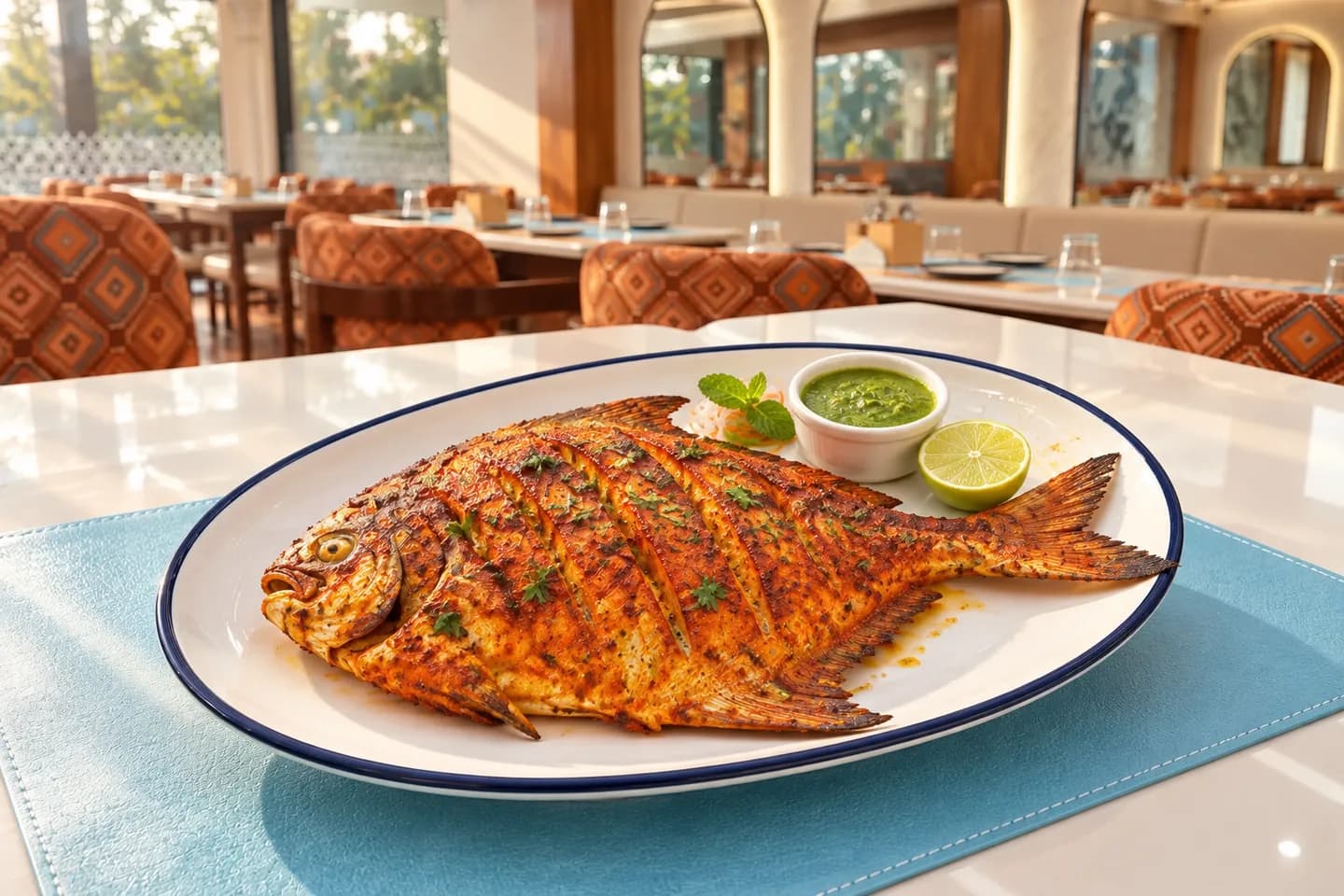 Whole pomfret in golden-red tandoori masala with lime and mint chutney.